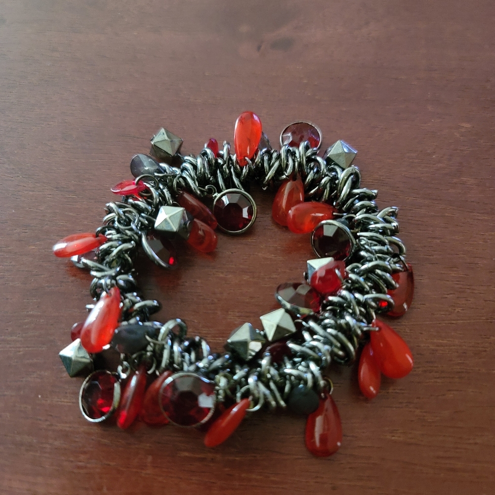 Red Beaded Women's Stretch Bracelet with Gems